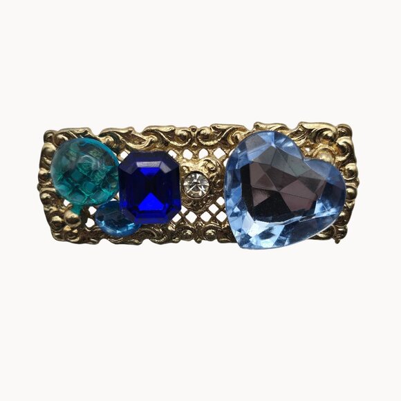 GoldTone Filigree Blue Square Heart Rhinestones Bar Brooch Whimsy Fairycore Pin - Picture 1 of 13